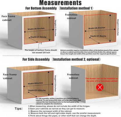 26''W x 21''D x 3''H Pull Out Cabinet Drawer Soft Close Slide Out Wood Organizer for Kitchen, Finished, Bottom and Side Assembly (Wood Drawer Part Width is 25inch)