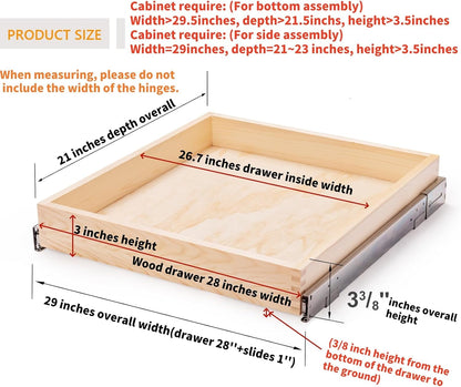 26''W x 21''D x 3''H Pull Out Cabinet Drawer Soft Close Slide Out Wood Organizer for Kitchen, Finished, Bottom and Side Assembly (Wood Drawer Part Width is 25inch)