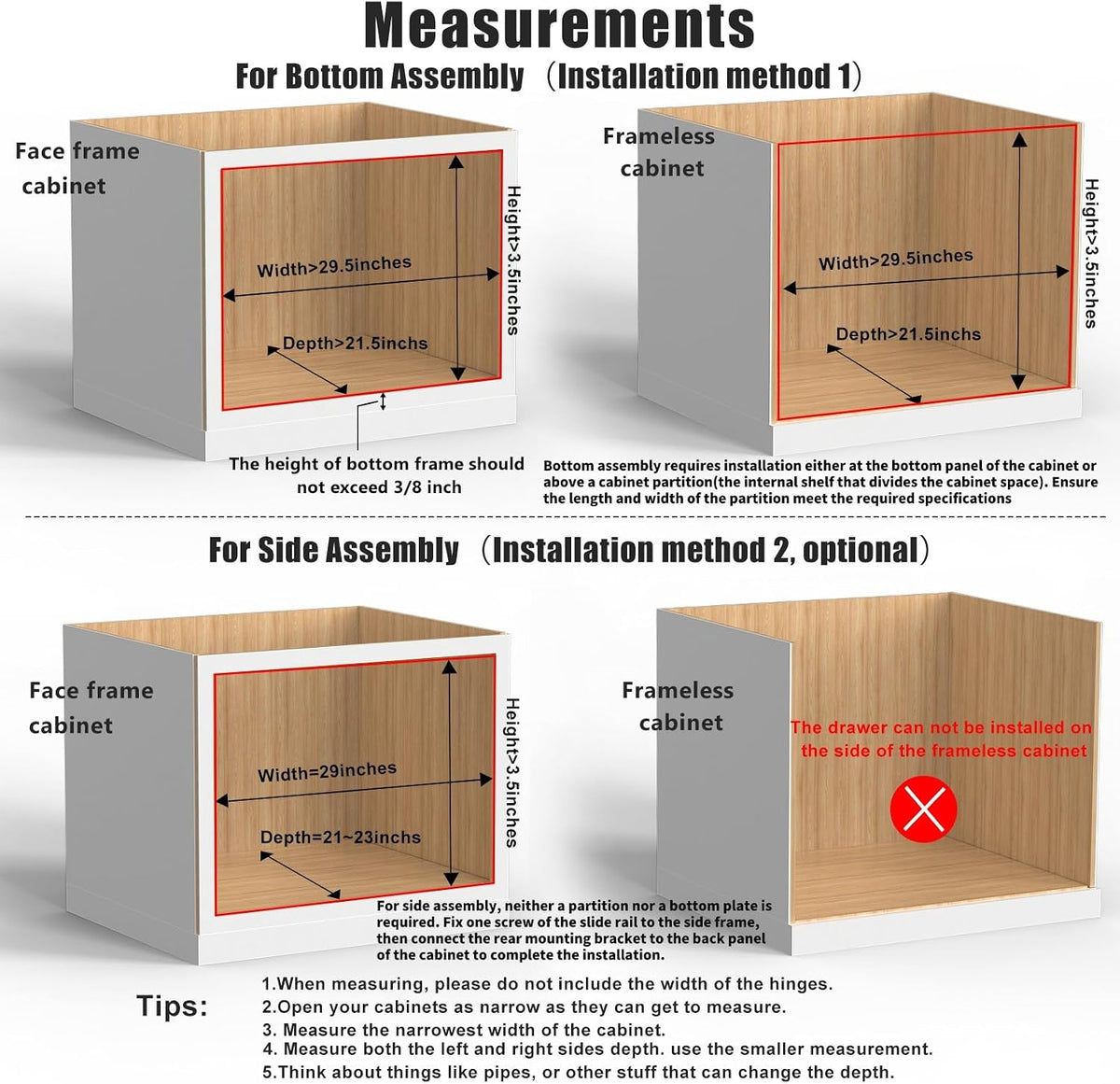 26''W x 21''D x 3''H Pull Out Cabinet Drawer Soft Close Slide Out Wood Organizer for Kitchen, Finished, Bottom and Side Assembly (Wood Drawer Part Width is 25inch)