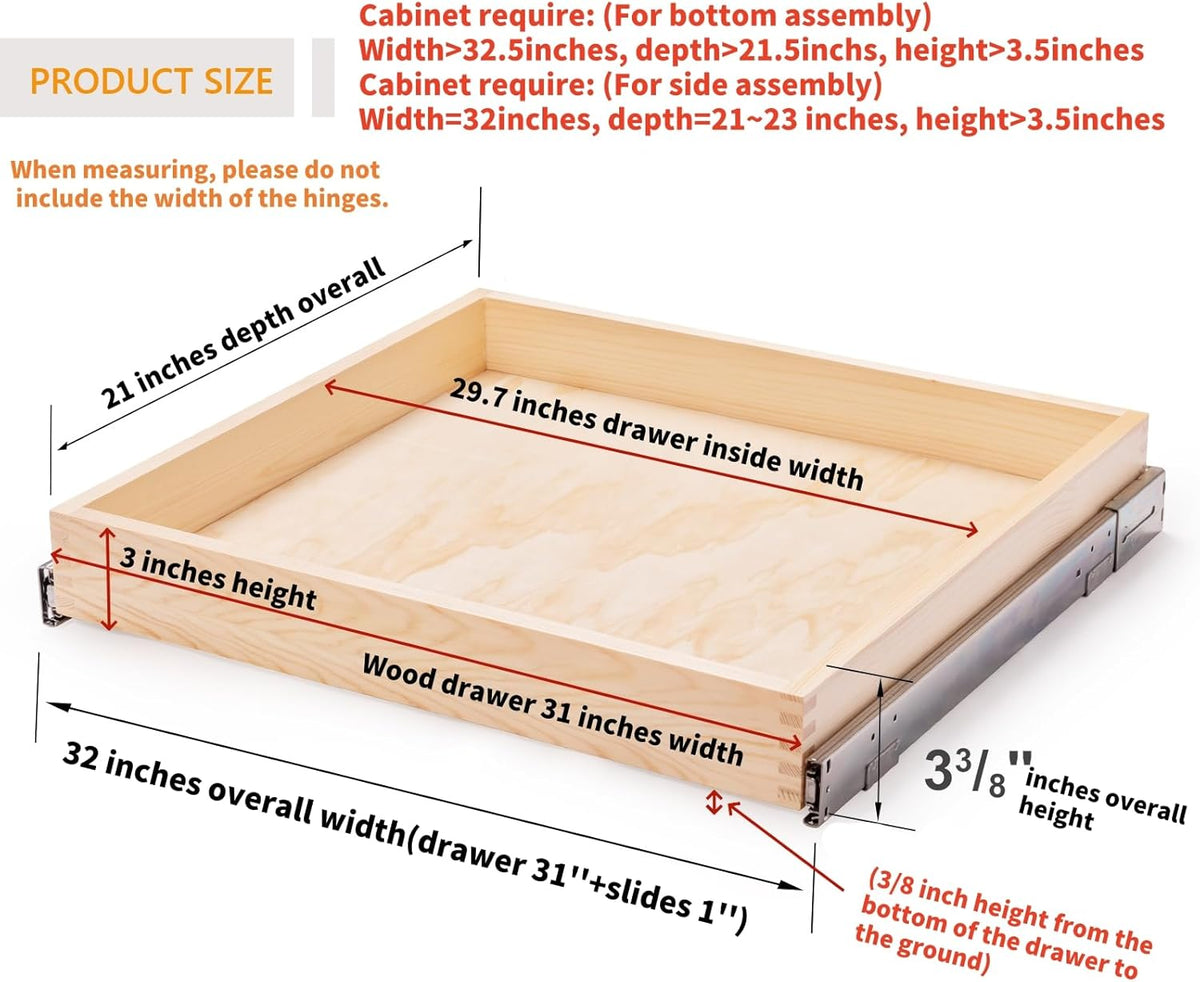 26''W x 21''D x 3''H Pull Out Cabinet Drawer Soft Close Slide Out Wood Organizer for Kitchen, Finished, Bottom and Side Assembly (Wood Drawer Part Width is 25inch)