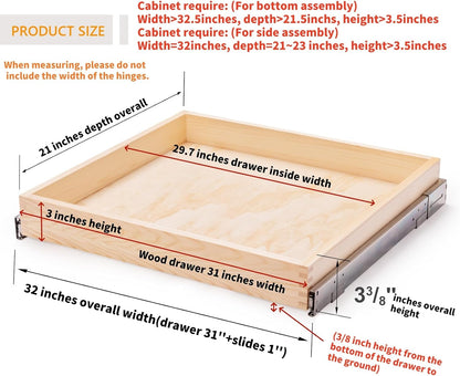 26''W x 21''D x 3''H Pull Out Cabinet Drawer Soft Close Slide Out Wood Organizer for Kitchen, Finished, Bottom and Side Assembly (Wood Drawer Part Width is 25inch)