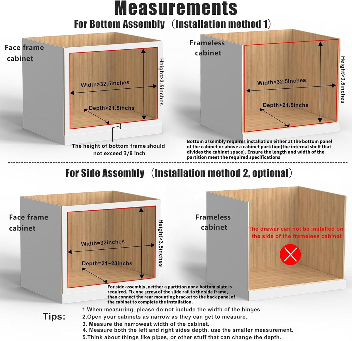 26''W x 21''D x 3''H Pull Out Cabinet Drawer Soft Close Slide Out Wood Organizer for Kitchen, Finished, Bottom and Side Assembly (Wood Drawer Part Width is 25inch)