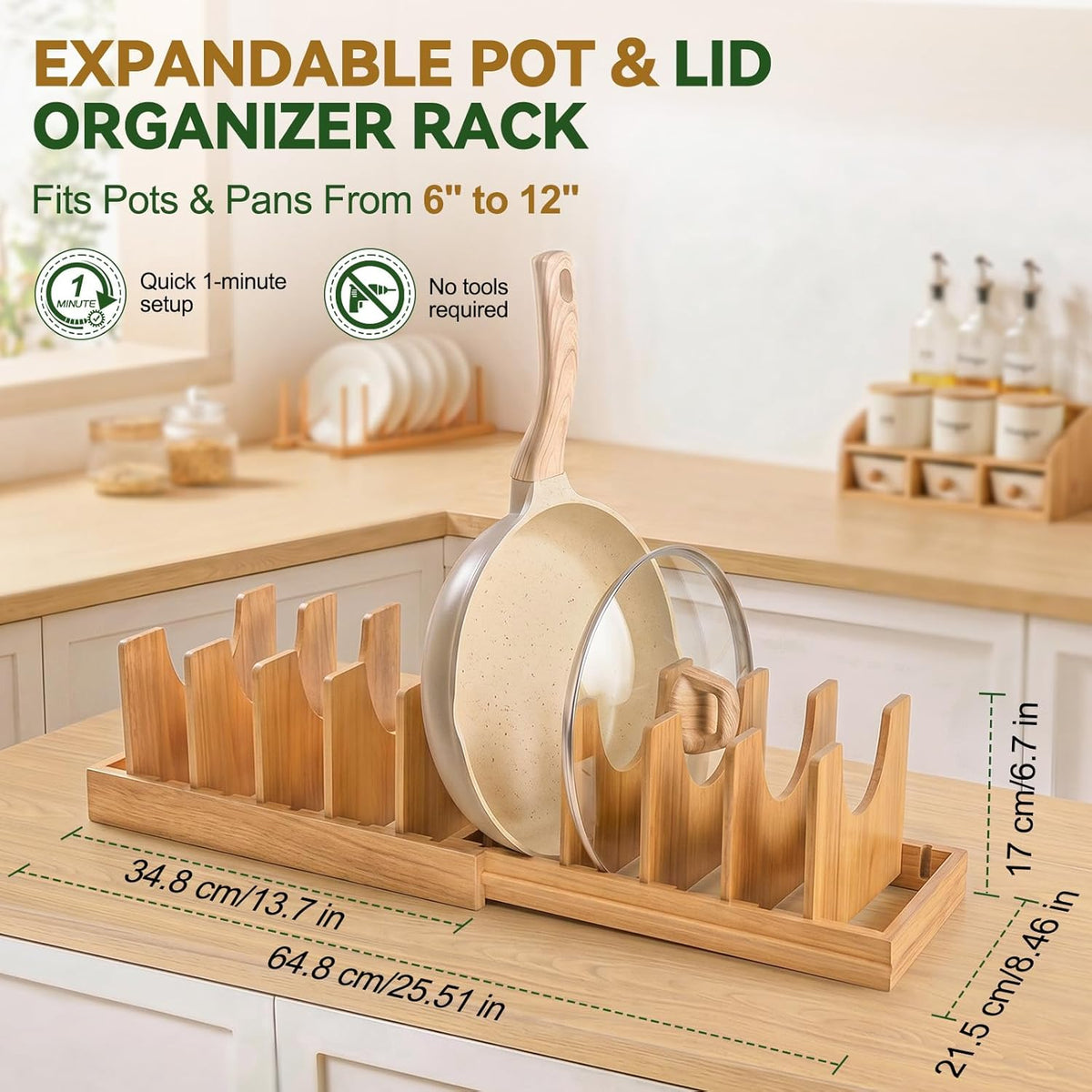 Bamboo Pots and Pans Organizer under Cabinet, Expandable Bakeware and Cutting Board Organizers, Adjustable Pot Lids Holder Rack, Sheet, Pan, Tray Organizer for Kitchen Storage Organization