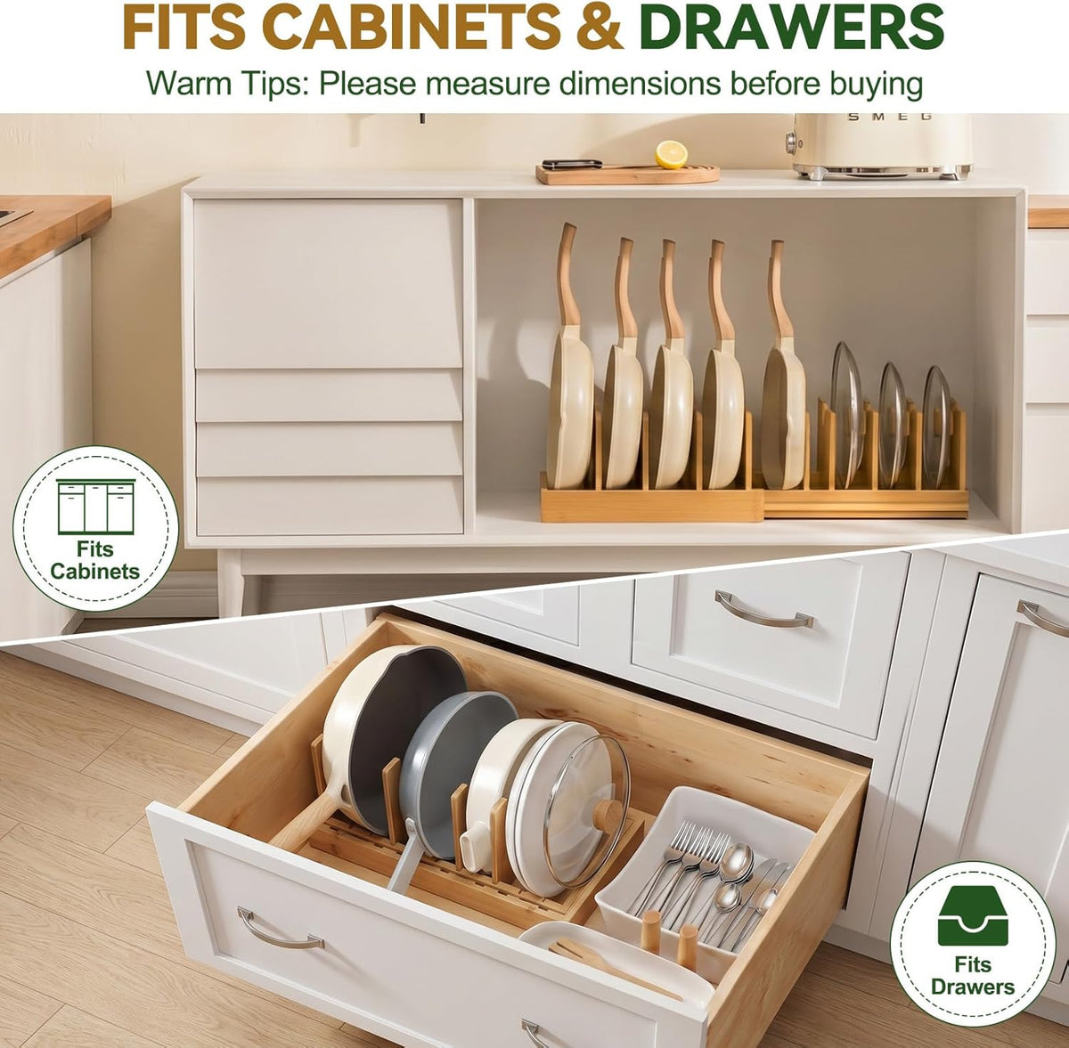 Bamboo Pots and Pans Organizer under Cabinet, Expandable Bakeware and Cutting Board Organizers, Adjustable Pot Lids Holder Rack, Sheet, Pan, Tray Organizer for Kitchen Storage Organization