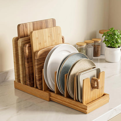 Bamboo Pots and Pans Organizer under Cabinet, Expandable Bakeware and Cutting Board Organizers, Adjustable Pot Lids Holder Rack, Sheet, Pan, Tray Organizer for Kitchen Storage Organization