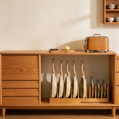 Bamboo Pots and Pans Organizer under Cabinet, Expandable Bakeware and Cutting Board Organizers, Adjustable Pot Lids Holder Rack, Sheet, Pan, Tray Organizer for Kitchen Storage Organization