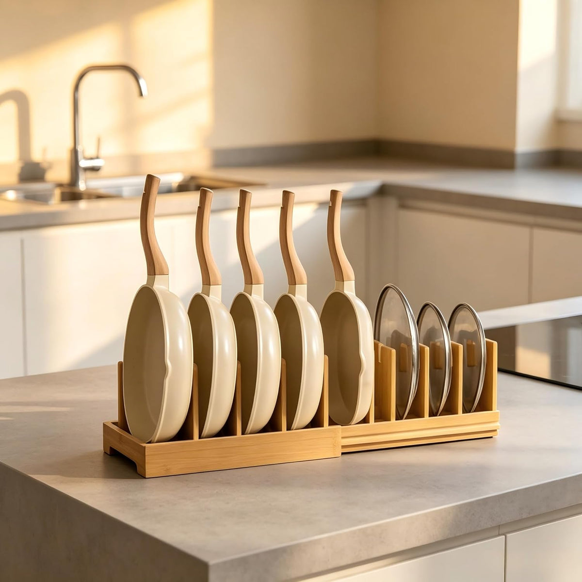 Bamboo Pots and Pans Organizer under Cabinet, Expandable Bakeware and Cutting Board Organizers, Adjustable Pot Lids Holder Rack, Sheet, Pan, Tray Organizer for Kitchen Storage Organization