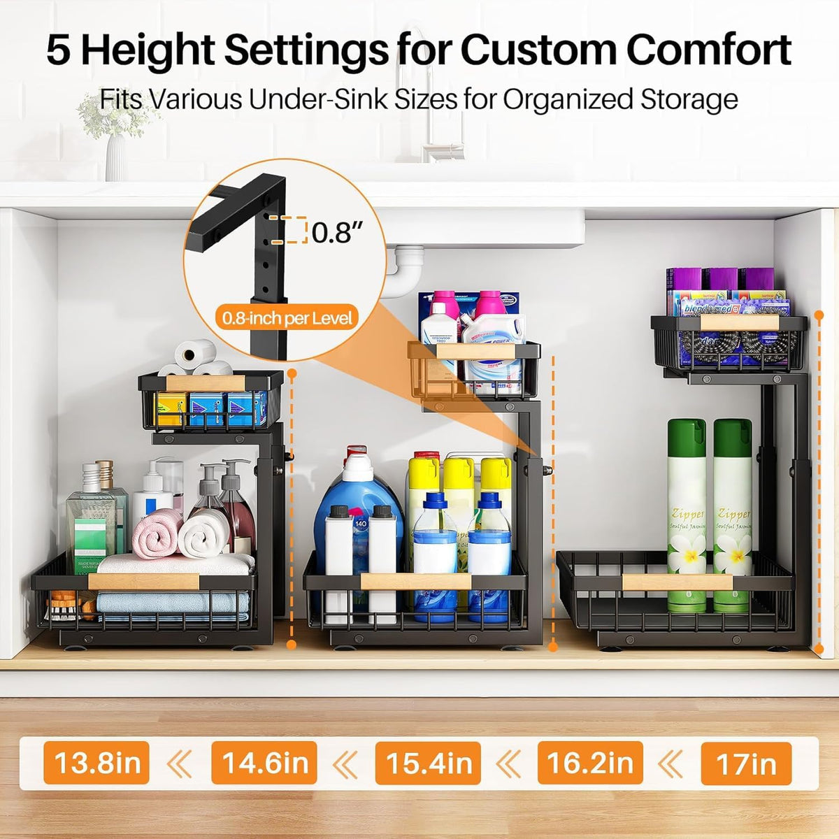Under Sink Organizer, Adjustable Height, 2 Tier Pull Out Under Cabinet Organizer, Slide Out Thickened Metal Under Sink Storage for Kitchen Bathroom Laundry Pantry Cabinet, White, Large-2-Pack