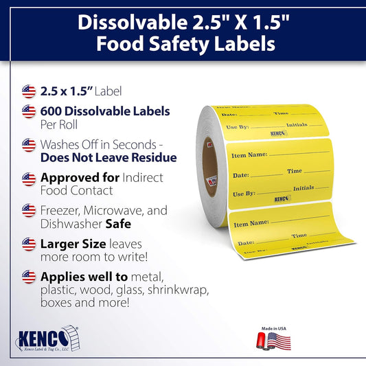 Dissolvable Food Labels for Glass, Plastic Metal, Wood - Washes Off No Residue - Food Prep and Rotation, Canning, Commercial Use and More! USA Made