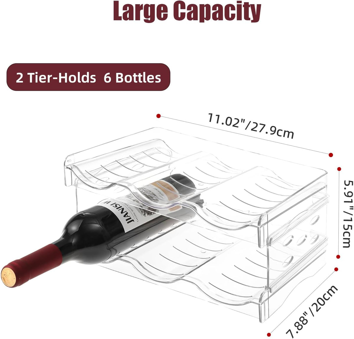 Wine Rack for Countertop, Fridge, Inside Cabinet, 2 Tier Plastic Tabletop Wine Bottle Holder, Water Bottle Organizer for Refrigerator, Pantry, Hold 6 Bottles