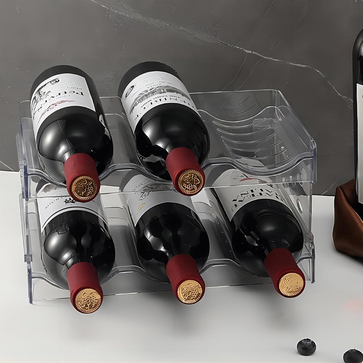 Wine Rack for Countertop, Fridge, Inside Cabinet, 2 Tier Plastic Tabletop Wine Bottle Holder, Water Bottle Organizer for Refrigerator, Pantry, Hold 6 Bottles