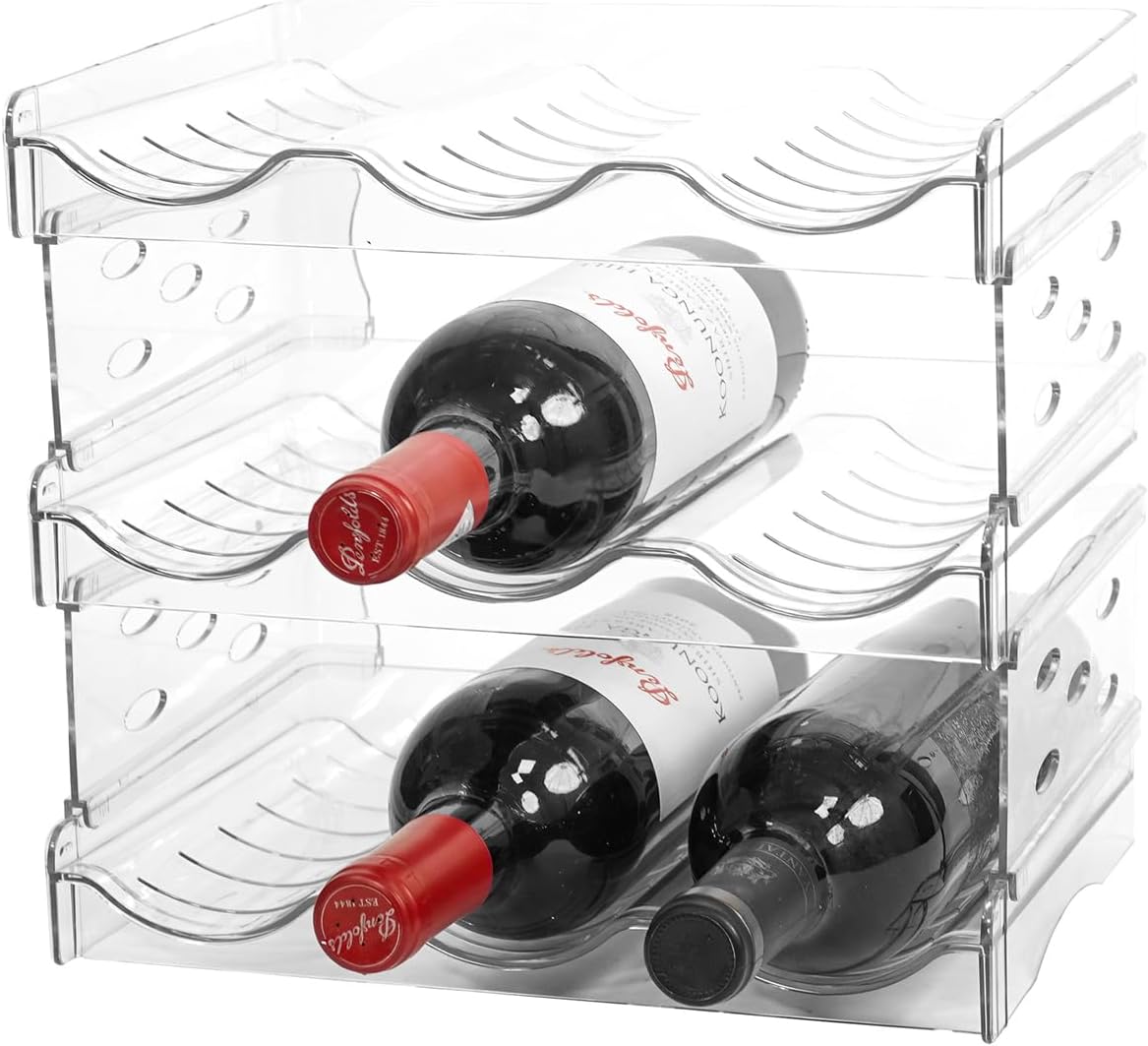 Wine Rack for Countertop, Fridge, Inside Cabinet, 2 Tier Plastic Tabletop Wine Bottle Holder, Water Bottle Organizer for Refrigerator, Pantry, Hold 6 Bottles