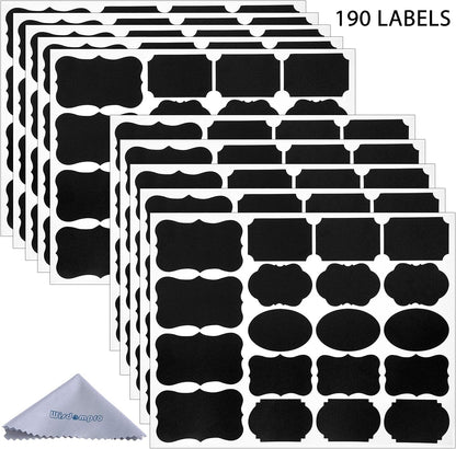 190 Pcs Chalkboard Labels, Waterproof Blackboard Stickers | Multiple Sizes, Durable Vinyl, Reusable, Removable, for Storage Bins, Food Container, Mason Jars, Bottles