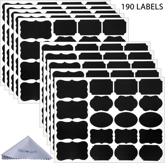 190 Pcs Chalkboard Labels, Waterproof Blackboard Stickers | Multiple Sizes, Durable Vinyl, Reusable, Removable, for Storage Bins, Food Container, Mason Jars, Bottles