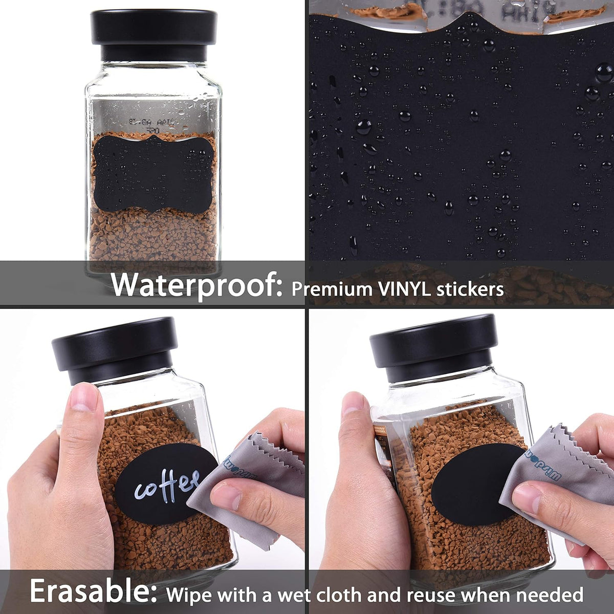 190 Pcs Chalkboard Labels, Waterproof Blackboard Stickers | Multiple Sizes, Durable Vinyl, Reusable, Removable, for Storage Bins, Food Container, Mason Jars, Bottles