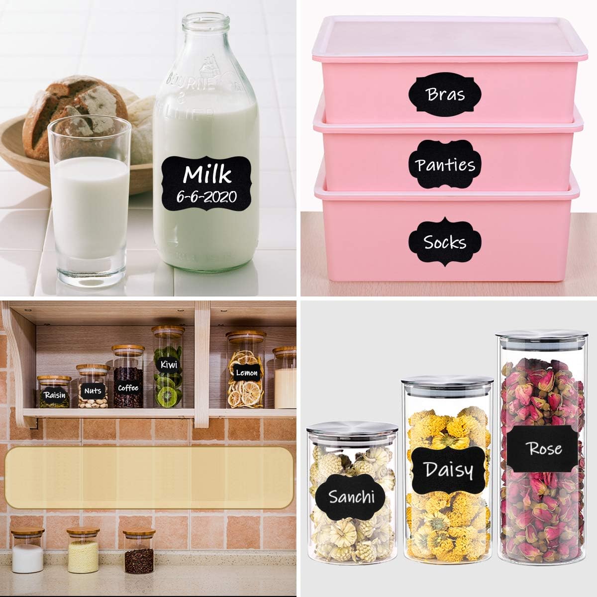 190 Pcs Chalkboard Labels, Waterproof Blackboard Stickers | Multiple Sizes, Durable Vinyl, Reusable, Removable, for Storage Bins, Food Container, Mason Jars, Bottles
