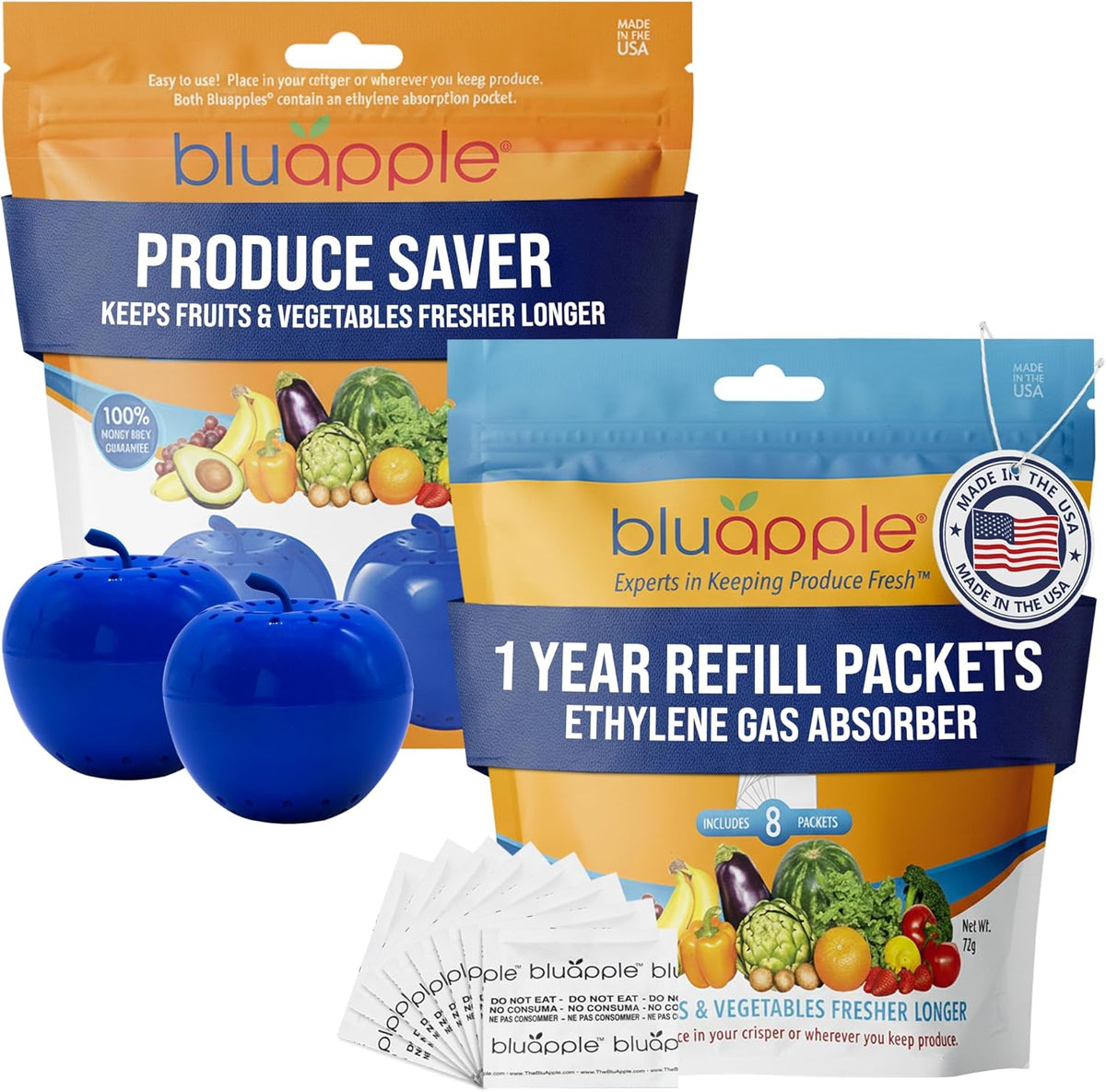 Bluapple Produce Saver Ethylene Gas Absorber - Fresh Fruit & Vegetable Storage for Refrigerator Crisper, Shelves & Fruit Bowls, Produce Keeper, Fruit Saver, Kitchen Must Haves, BPA-Free - 2-Pack