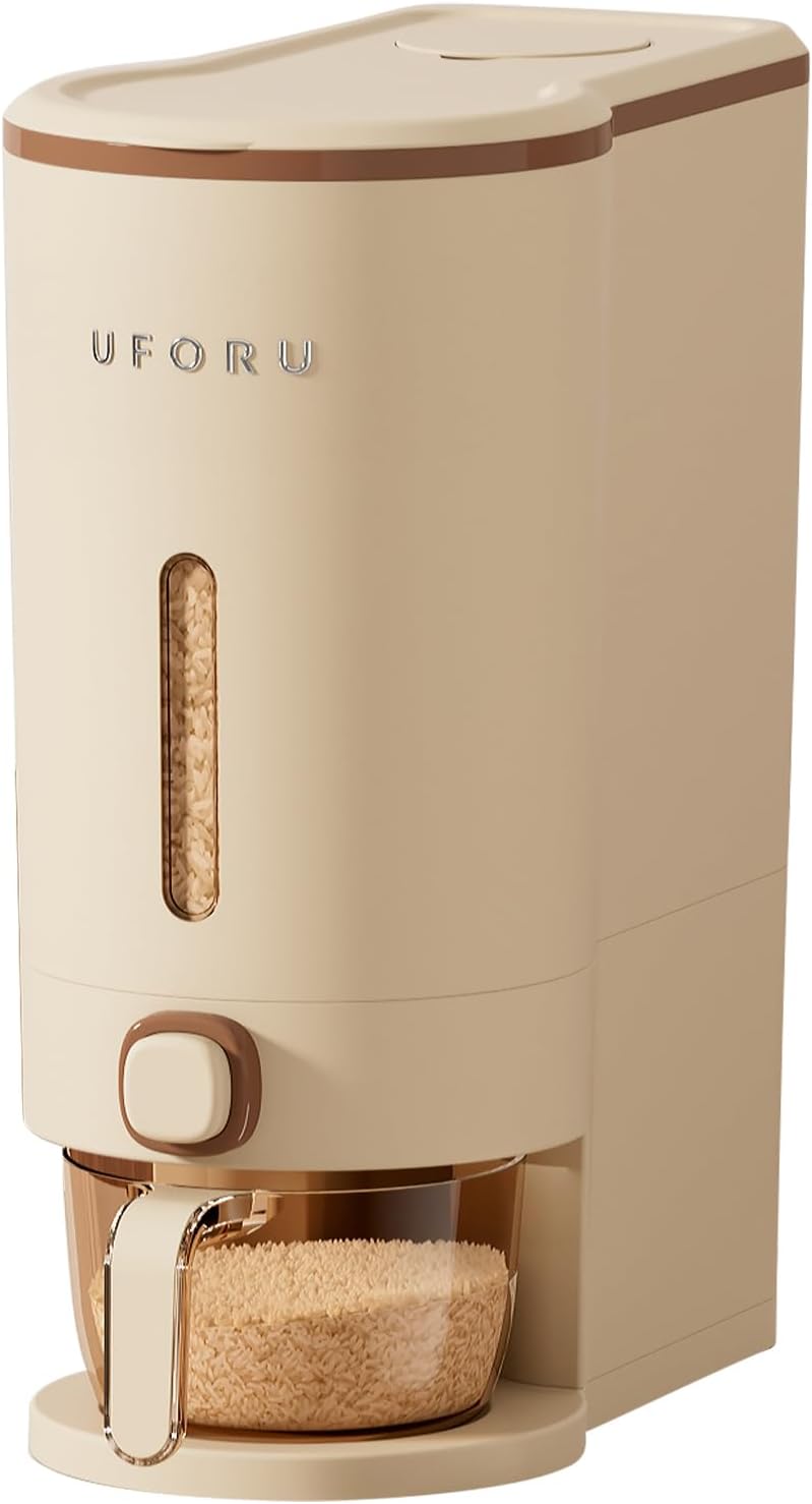 Rice Dispenser 23-25 LB,Airtight Rice Storage Container,Measuring Cup | Cream White Rice Holder,Sealed Design Helps Protect Rice,Cereal and Dry Foods From Moisture,Measuring Cup Lid Keeps Dust Out