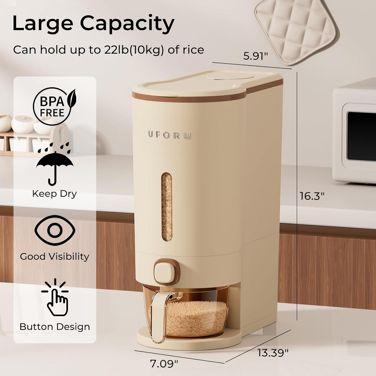 Rice Dispenser 23-25 LB,Airtight Rice Storage Container,Measuring Cup | Cream White Rice Holder,Sealed Design Helps Protect Rice,Cereal and Dry Foods From Moisture,Measuring Cup Lid Keeps Dust Out