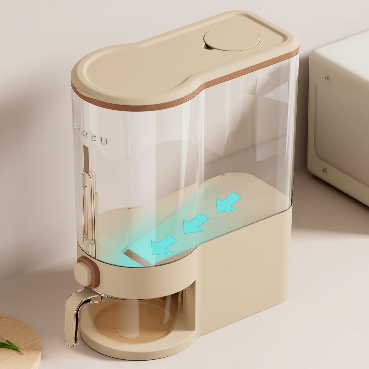 Rice Dispenser 23-25 LB,Airtight Rice Storage Container,Measuring Cup | Cream White Rice Holder,Sealed Design Helps Protect Rice,Cereal and Dry Foods From Moisture,Measuring Cup Lid Keeps Dust Out