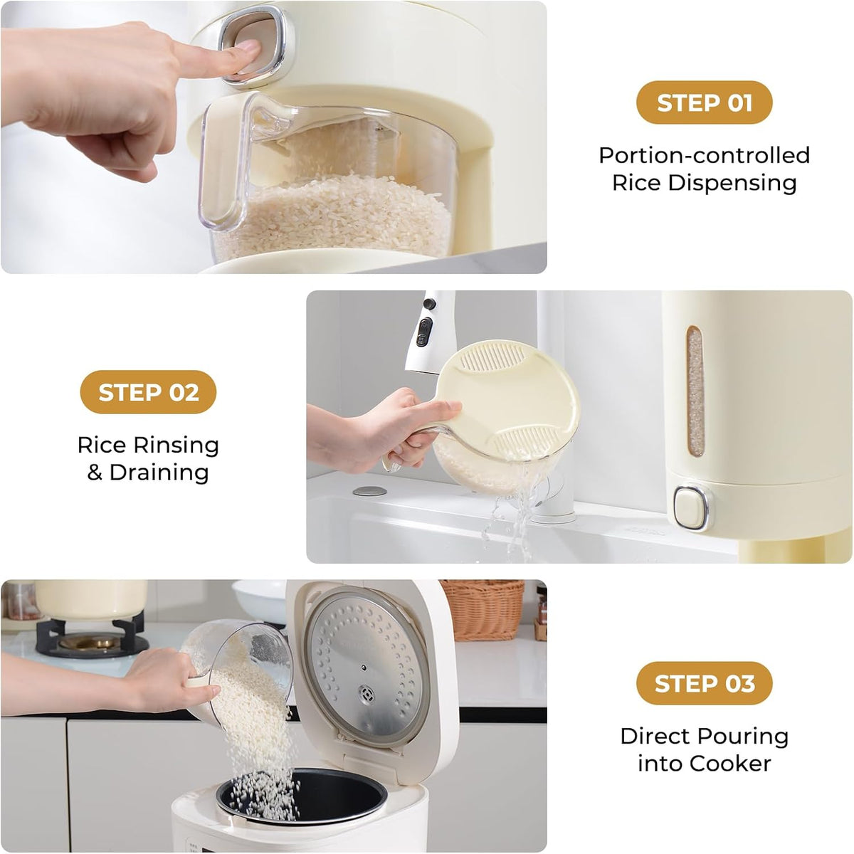 Rice Dispenser 23-25 LB,Airtight Rice Storage Container,Measuring Cup | Cream White Rice Holder,Sealed Design Helps Protect Rice,Cereal and Dry Foods From Moisture,Measuring Cup Lid Keeps Dust Out