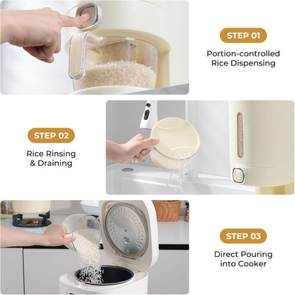 Rice Dispenser 23-25 LB,Airtight Rice Storage Container,Measuring Cup | Cream White Rice Holder,Sealed Design Helps Protect Rice,Cereal and Dry Foods From Moisture,Measuring Cup Lid Keeps Dust Out