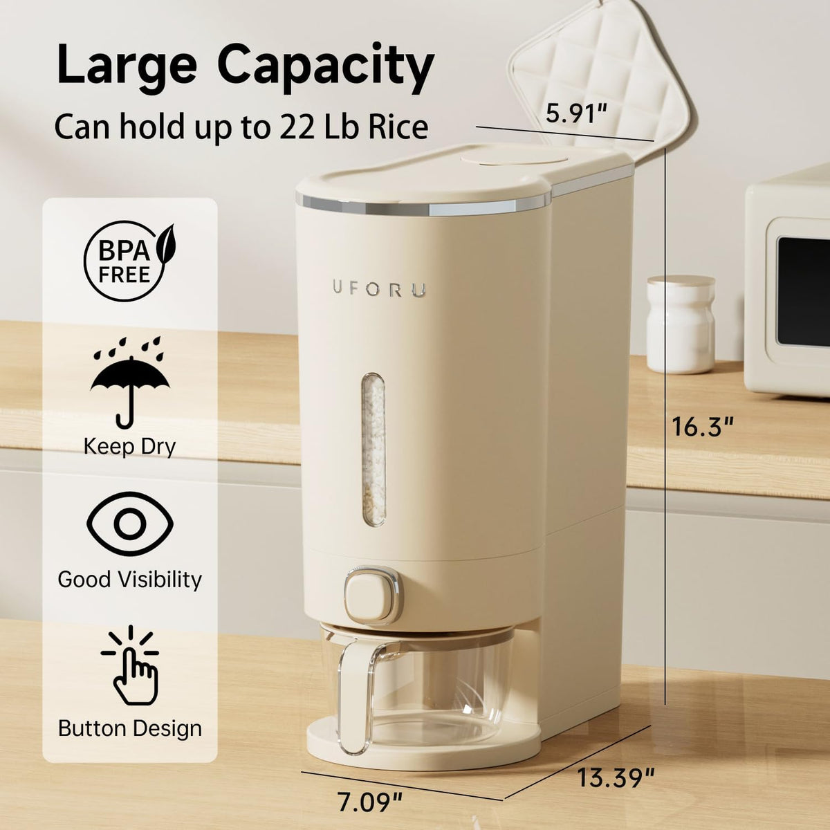 Rice Dispenser 23-25 LB,Airtight Rice Storage Container,Measuring Cup | Cream White Rice Holder,Sealed Design Helps Protect Rice,Cereal and Dry Foods From Moisture,Measuring Cup Lid Keeps Dust Out