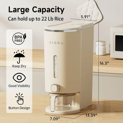 Rice Dispenser 23-25 LB,Airtight Rice Storage Container,Measuring Cup | Cream White Rice Holder,Sealed Design Helps Protect Rice,Cereal and Dry Foods From Moisture,Measuring Cup Lid Keeps Dust Out