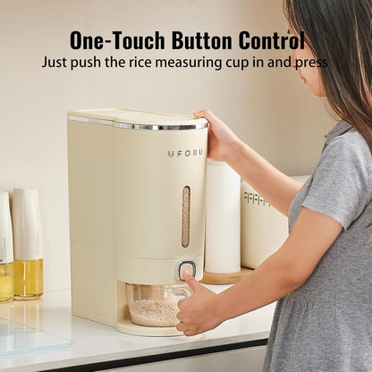Rice Dispenser 23-25 LB,Airtight Rice Storage Container,Measuring Cup | Cream White Rice Holder,Sealed Design Helps Protect Rice,Cereal and Dry Foods From Moisture,Measuring Cup Lid Keeps Dust Out