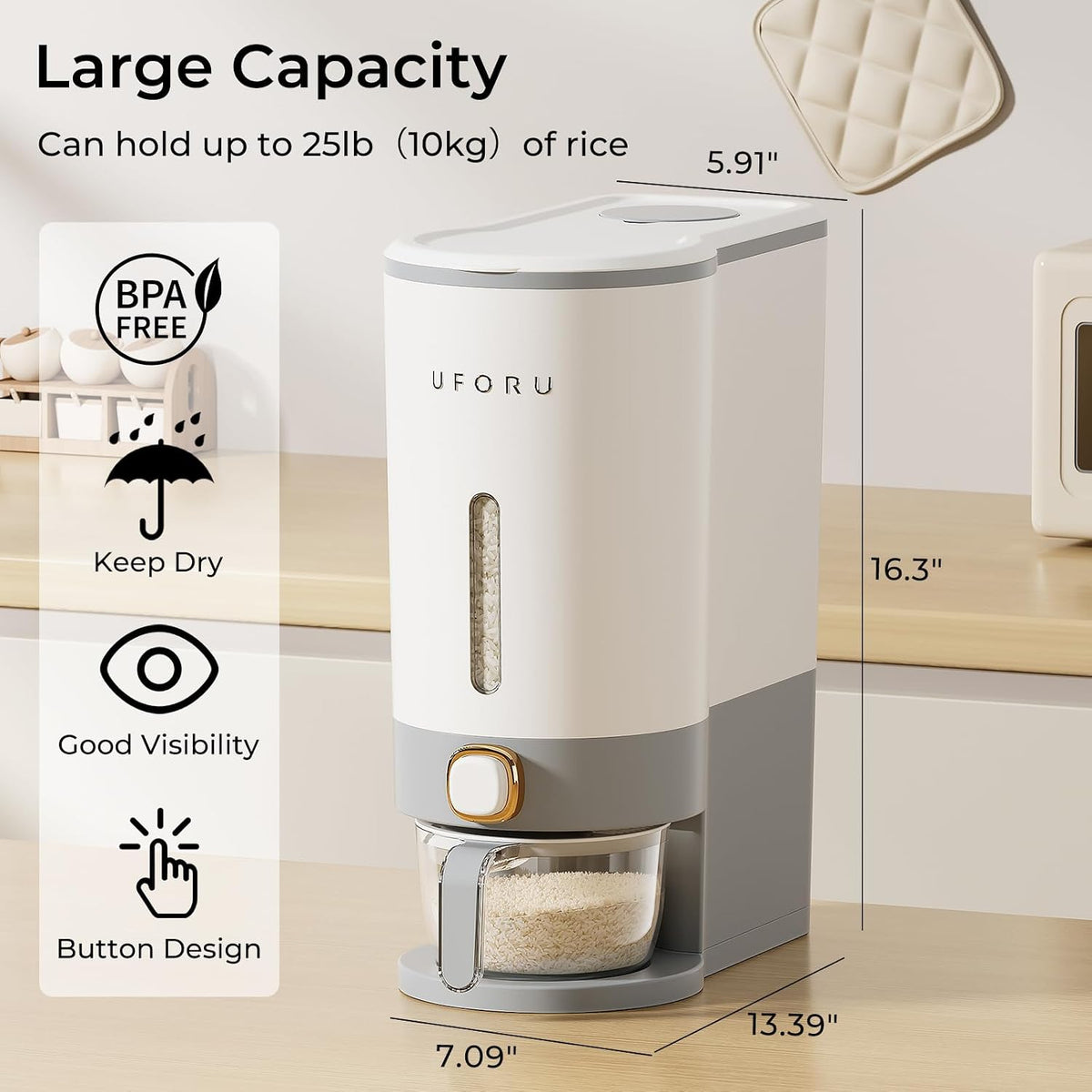 Rice Dispenser 23-25 LB,Airtight Rice Storage Container,Measuring Cup | Cream White Rice Holder,Sealed Design Helps Protect Rice,Cereal and Dry Foods From Moisture,Measuring Cup Lid Keeps Dust Out