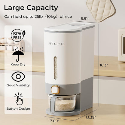 Rice Dispenser 23-25 LB,Airtight Rice Storage Container,Measuring Cup | Cream White Rice Holder,Sealed Design Helps Protect Rice,Cereal and Dry Foods From Moisture,Measuring Cup Lid Keeps Dust Out