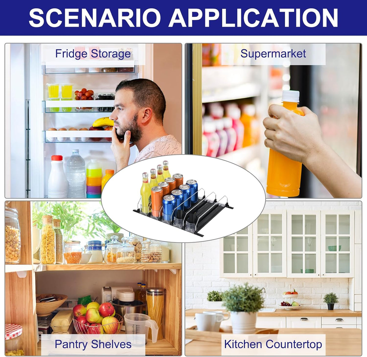 6pcs Soda Can Organizer for Refrigerator, Self-Pushing Drink Organizer for Fridge, Width Adjustable Drink Dispenser Beverage Pusher For Pantry Vending Machine, Black