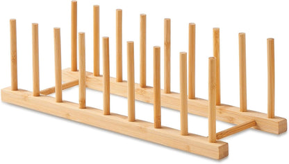 Bamboo Wooden Dish Rack-Plate Pot Lid Organizer Rack for Cabinet | Wooden Cutting Board Organizer Kitchen Cabinet Organizer for Dishes, Pots, Lids, Bowls, Bottles, Books, and Puzzles