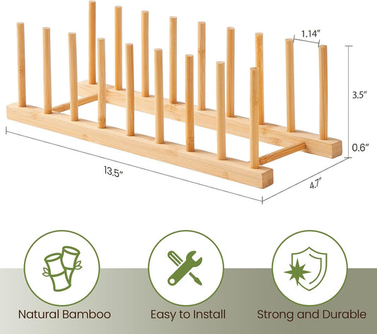 Bamboo Wooden Dish Rack-Plate Pot Lid Organizer Rack for Cabinet | Wooden Cutting Board Organizer Kitchen Cabinet Organizer for Dishes, Pots, Lids, Bowls, Bottles, Books, and Puzzles