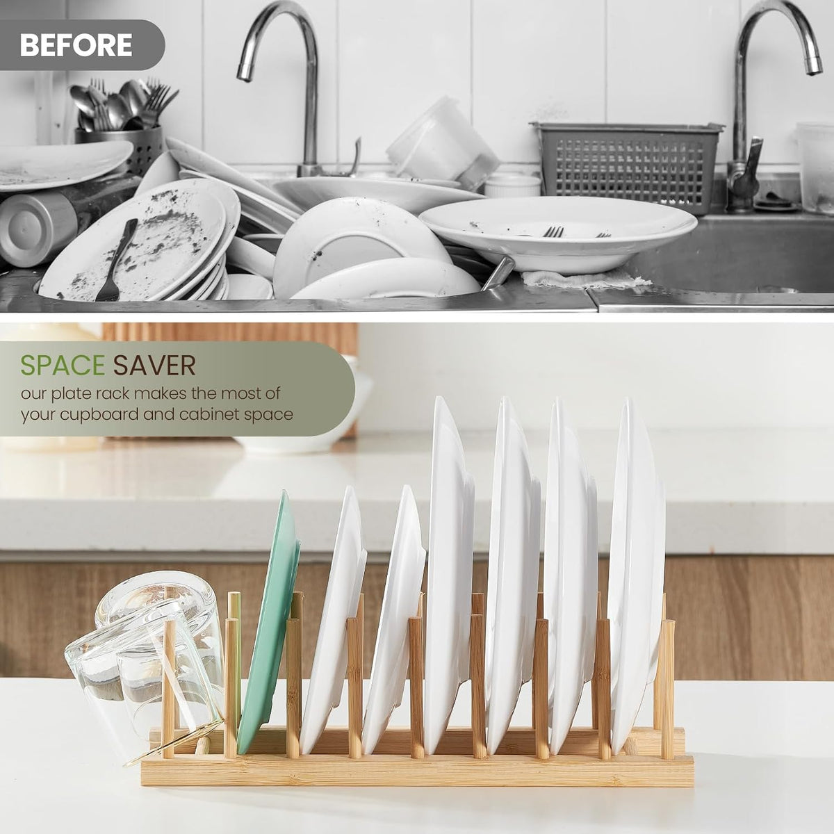 Bamboo Wooden Dish Rack-Plate Pot Lid Organizer Rack for Cabinet | Wooden Cutting Board Organizer Kitchen Cabinet Organizer for Dishes, Pots, Lids, Bowls, Bottles, Books, and Puzzles