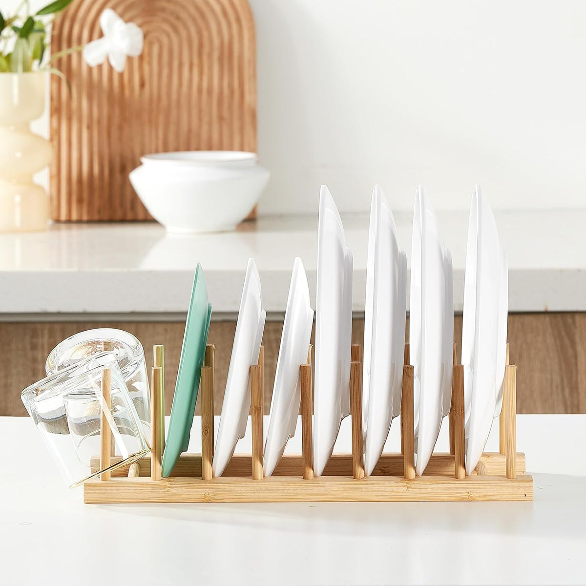 Bamboo Wooden Dish Rack-Plate Pot Lid Organizer Rack for Cabinet | Wooden Cutting Board Organizer Kitchen Cabinet Organizer for Dishes, Pots, Lids, Bowls, Bottles, Books, and Puzzles
