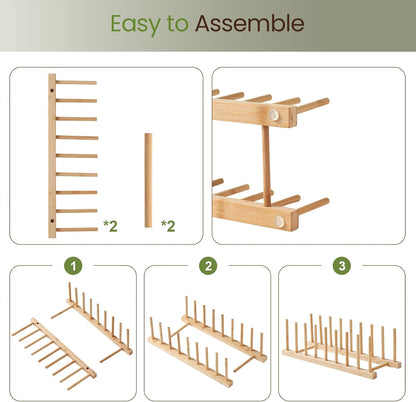 Bamboo Wooden Dish Rack-Plate Pot Lid Organizer Rack for Cabinet | Wooden Cutting Board Organizer Kitchen Cabinet Organizer for Dishes, Pots, Lids, Bowls, Bottles, Books, and Puzzles