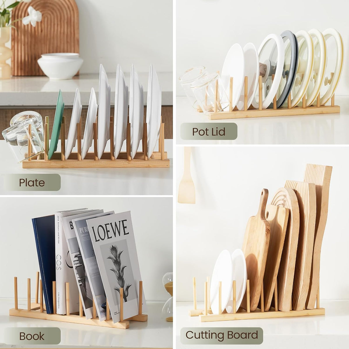 Bamboo Wooden Dish Rack-Plate Pot Lid Organizer Rack for Cabinet | Wooden Cutting Board Organizer Kitchen Cabinet Organizer for Dishes, Pots, Lids, Bowls, Bottles, Books, and Puzzles