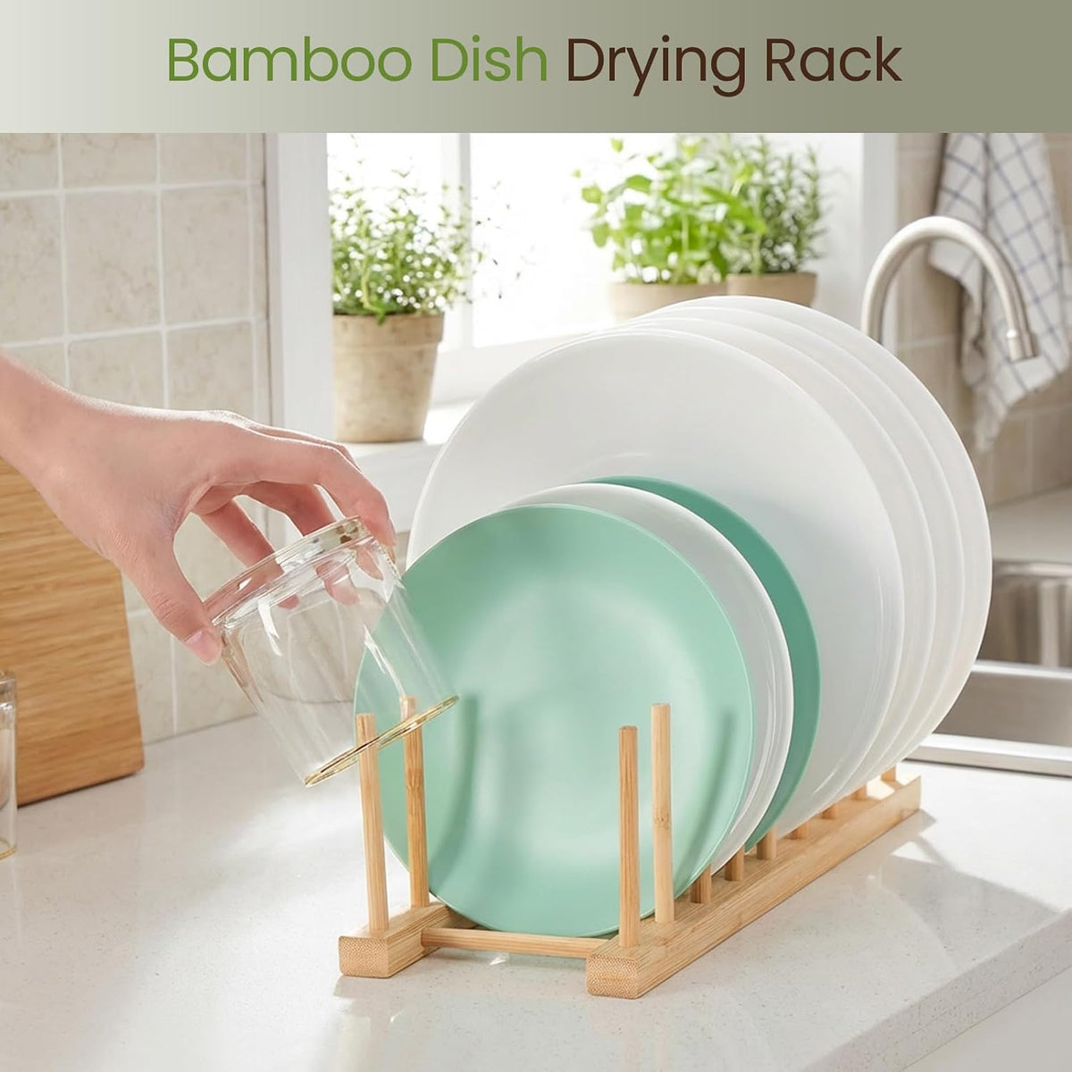 Bamboo Wooden Dish Rack-Plate Pot Lid Organizer Rack for Cabinet | Wooden Cutting Board Organizer Kitchen Cabinet Organizer for Dishes, Pots, Lids, Bowls, Bottles, Books, and Puzzles