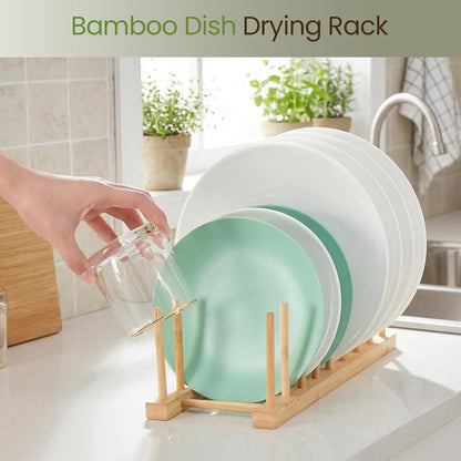 Bamboo Wooden Dish Rack-Plate Pot Lid Organizer Rack for Cabinet | Wooden Cutting Board Organizer Kitchen Cabinet Organizer for Dishes, Pots, Lids, Bowls, Bottles, Books, and Puzzles