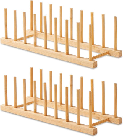 Bamboo Wooden Dish Rack-Plate Pot Lid Organizer Rack for Cabinet | Wooden Cutting Board Organizer Kitchen Cabinet Organizer for Dishes, Pots, Lids, Bowls, Bottles, Books, and Puzzles