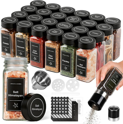 Glass Spice Jars with Grinder Lid 24 Pack 4 oz Black Stainless | 780 Labels (Round+Square), Shaker Inserts, Funnel, Airtight Seal, Bonus Grinder Lid for Fresh Grinding