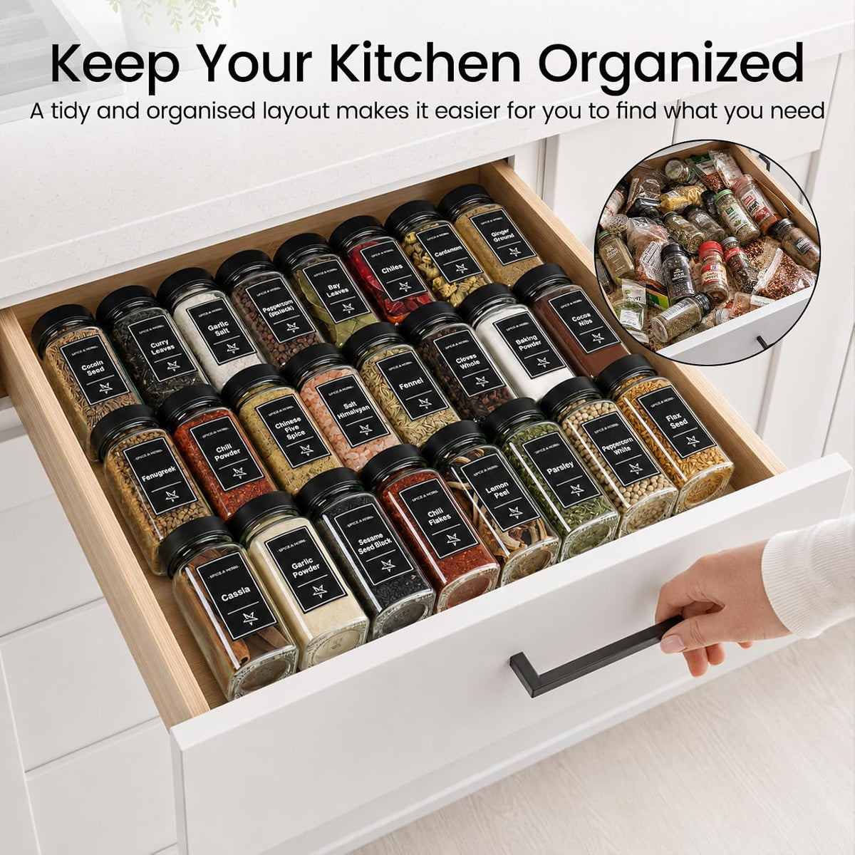 Glass Spice Jars with Grinder Lid 24 Pack 4 oz Black Stainless | 780 Labels (Round+Square), Shaker Inserts, Funnel, Airtight Seal, Bonus Grinder Lid for Fresh Grinding