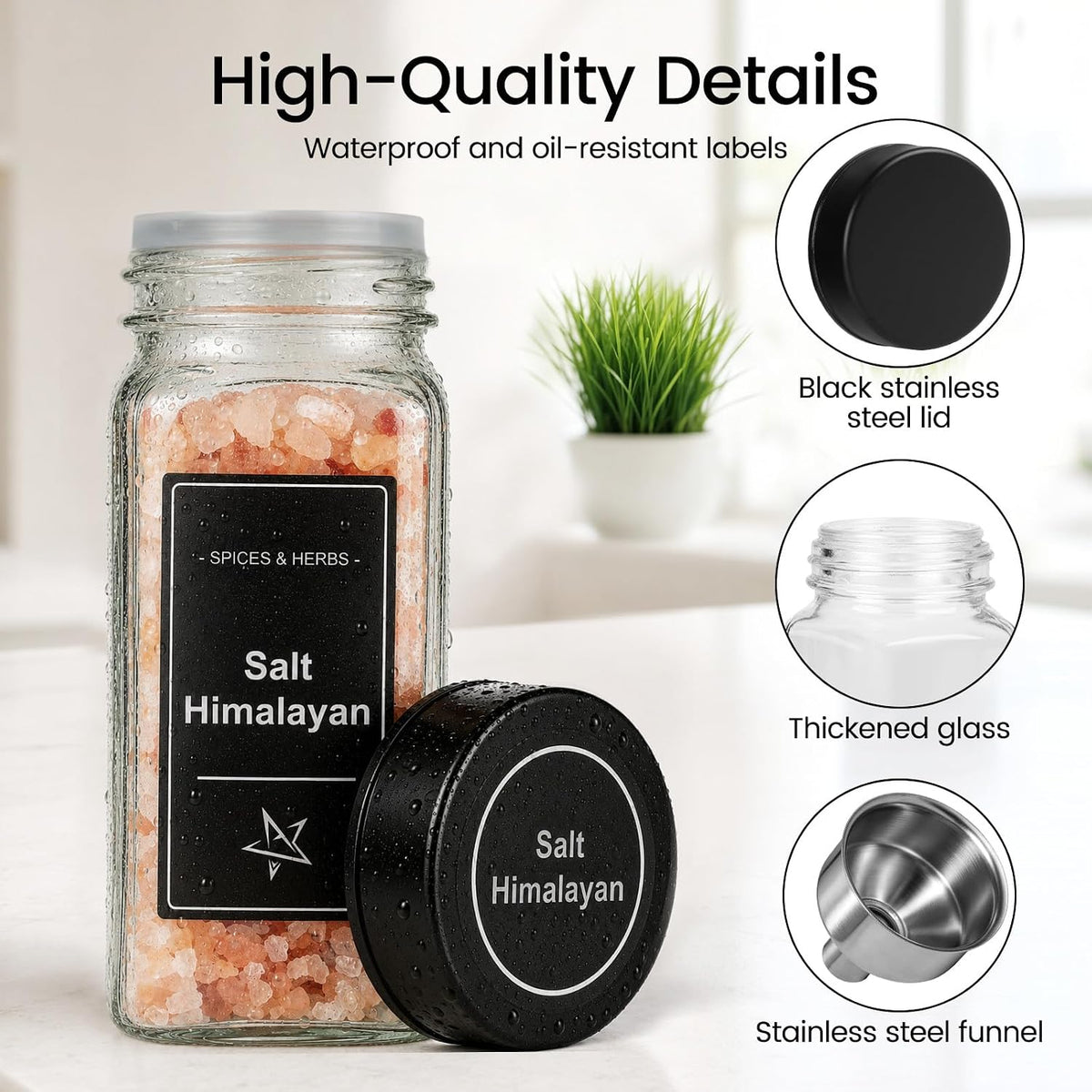 Glass Spice Jars with Grinder Lid 24 Pack 4 oz Black Stainless | 780 Labels (Round+Square), Shaker Inserts, Funnel, Airtight Seal, Bonus Grinder Lid for Fresh Grinding