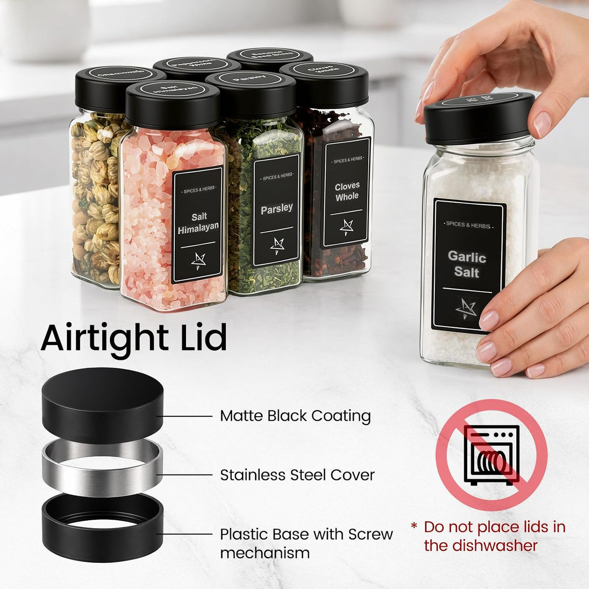 Glass Spice Jars with Grinder Lid 24 Pack 4 oz Black Stainless | 780 Labels (Round+Square), Shaker Inserts, Funnel, Airtight Seal, Bonus Grinder Lid for Fresh Grinding