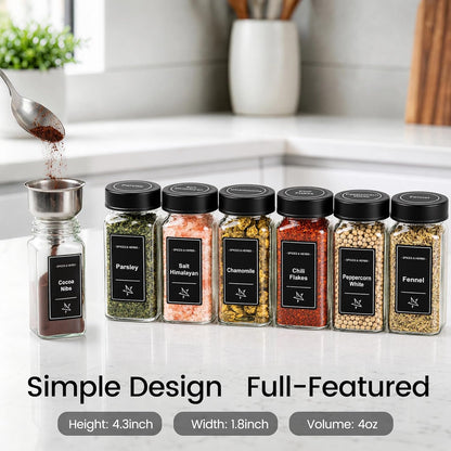 Glass Spice Jars with Grinder Lid 24 Pack 4 oz Black Stainless | 780 Labels (Round+Square), Shaker Inserts, Funnel, Airtight Seal, Bonus Grinder Lid for Fresh Grinding