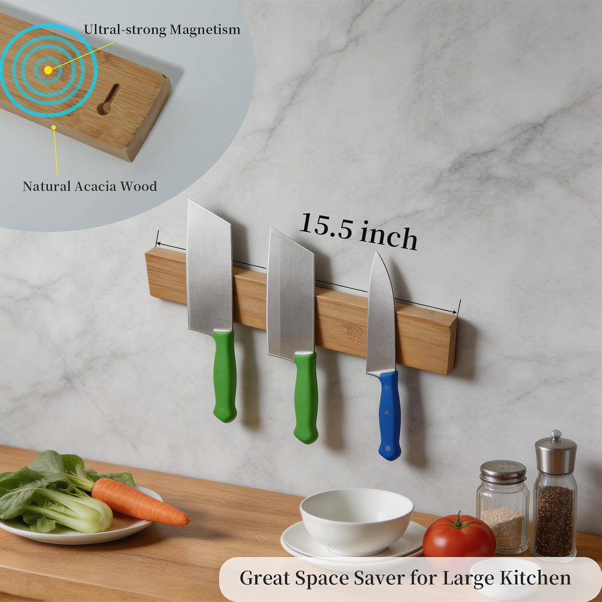 Magnetic Knife Holder for Wall, 20 Inch Acacia Wood Magnetic Knife Strip