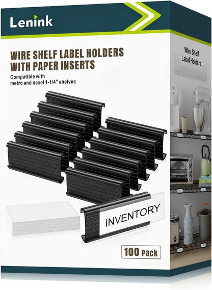 100Pcs Wire Shelf Label Holders with 100Pcs Label Paper Inserts, Plastic Wire Rack Label Holder Compatible with Metro and Nexel 1-1/4in Shelves, Label Area 3in Lx1.25in H
