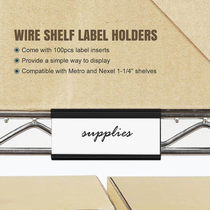 100Pcs Wire Shelf Label Holders with 100Pcs Label Paper Inserts, Plastic Wire Rack Label Holder Compatible with Metro and Nexel 1-1/4in Shelves, Label Area 3in Lx1.25in H