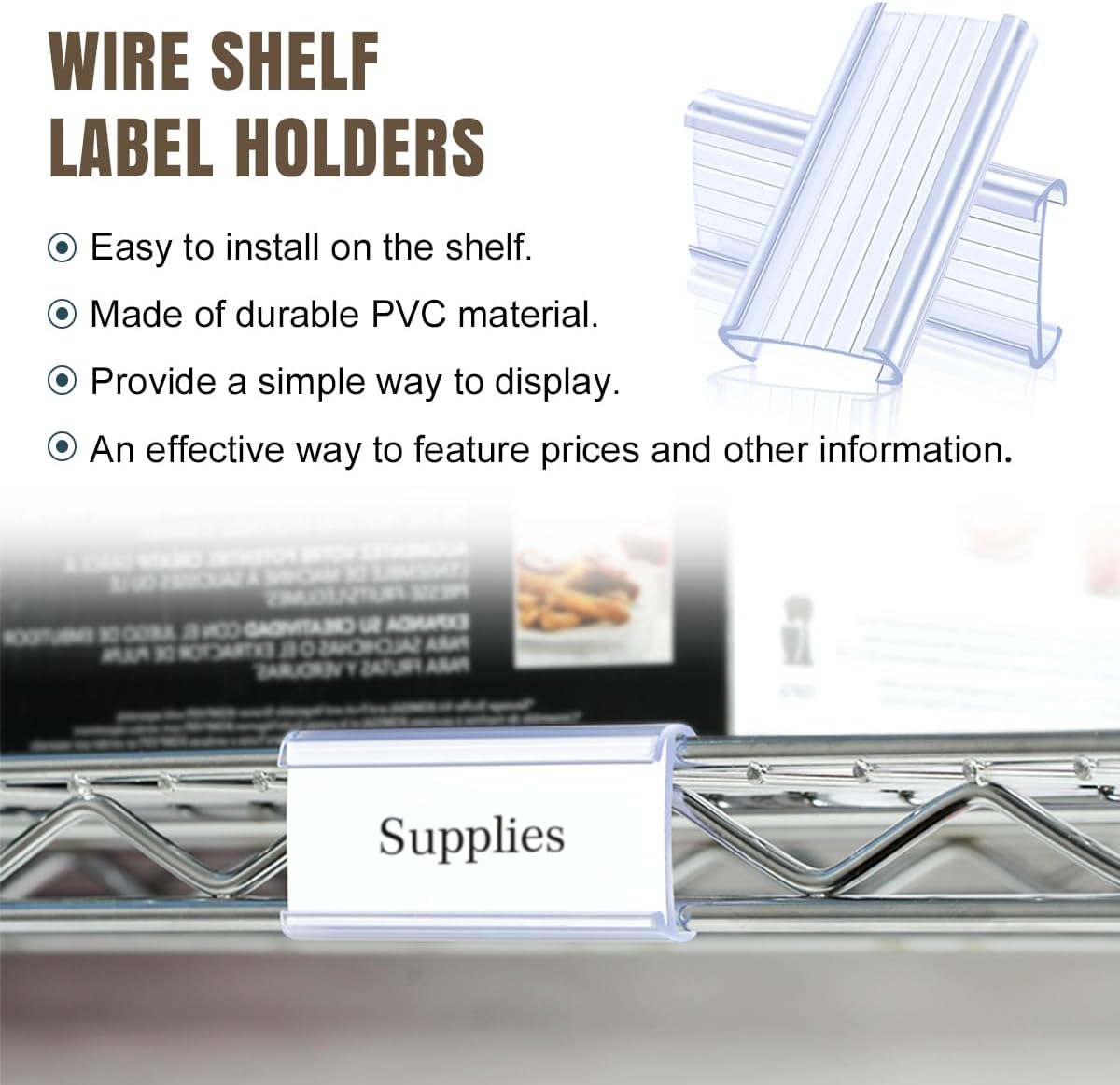 100Pcs Wire Shelf Label Holders with 100Pcs Label Paper Inserts, Plastic Wire Rack Label Holder Compatible with Metro and Nexel 1-1/4in Shelves, Label Area 3in Lx1.25in H